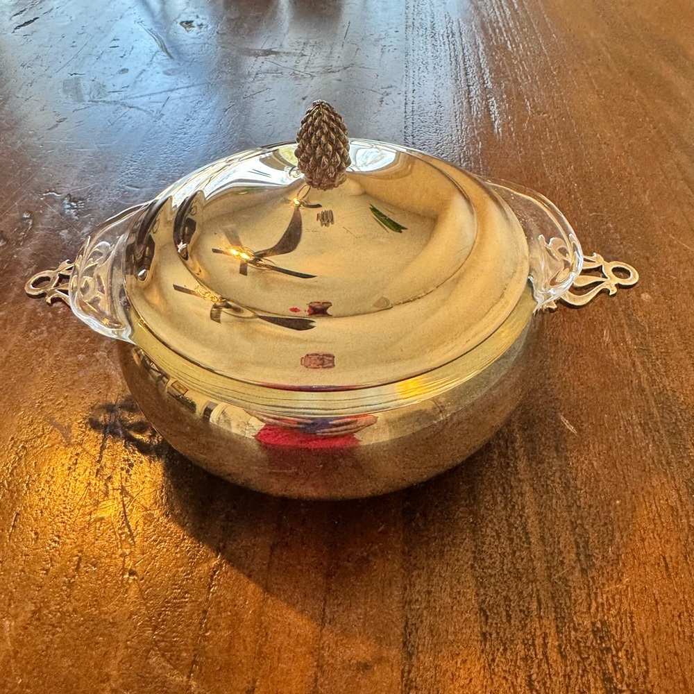 VTG Sheffield Silver Co. Lidded Serving Dish With 5" Fire King Glass Bowl Insert
